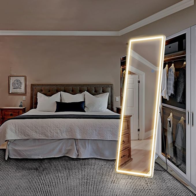 OLIXIS 16"×60" LED Full Length Mirror with Lights, Standing Lighted Floor Full Body Mirror with 3 Color Lighting, Wall Mounted Mirrors for Bedroom, Home, Entryway with Tempered Glass