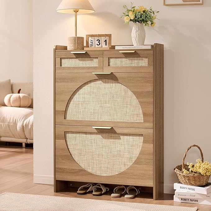 Rattan Shoe Storage Cabinet with 2 Flip Drawers & 2 Drawers, Freestanding Organizer for Front Door Entrance, Hidden Narrow Shoe Rack Cabinet Storage for Entryway, Rustic Oak Rattan