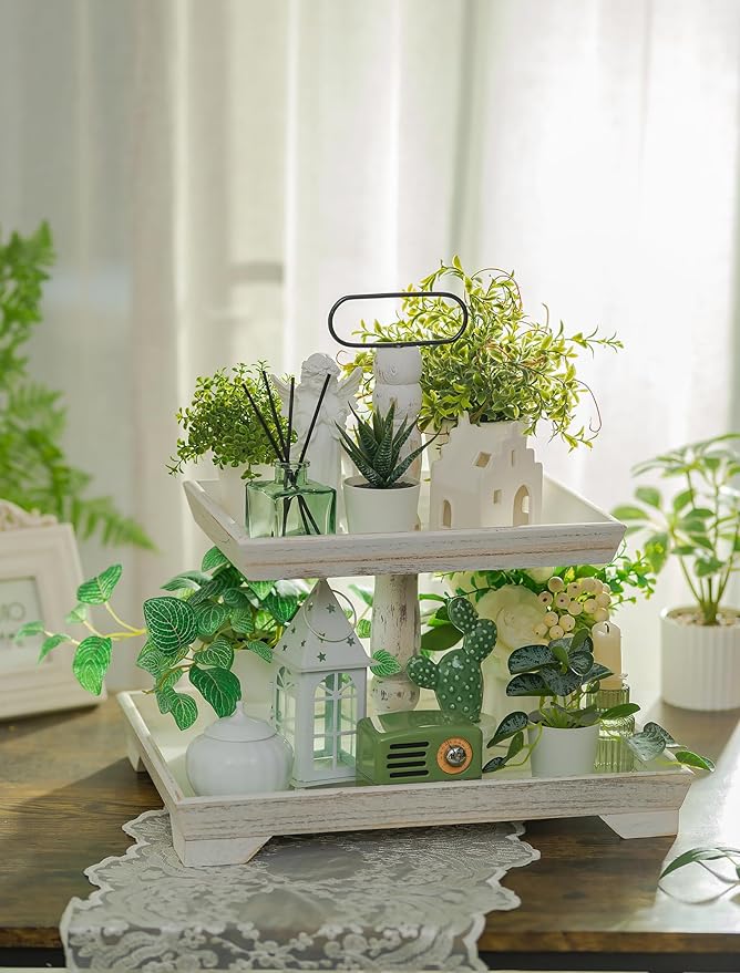 Hanobe Tiered Tray for Table Decor: 4th of July 2 Tier Decorative Tray Stand for Coffee Bar - Large Farmhouse White Display Stands for Holiday - Wood for Kitchen Counter Decorations