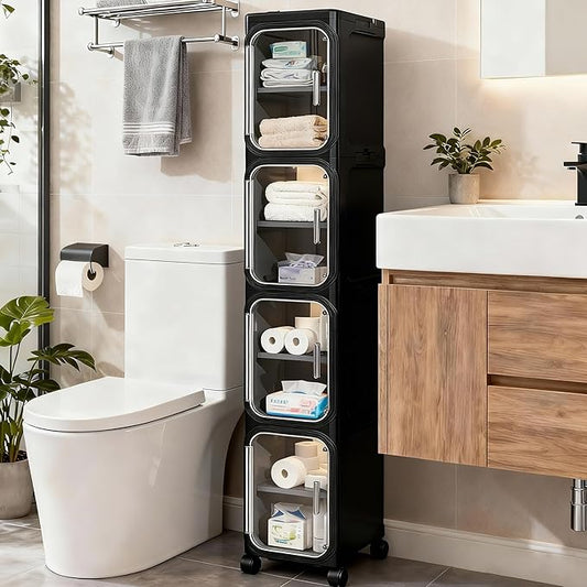 4-Tier Tall Narrow Storage Cabinet, Slim Bathroom Storage Cabinet with Adjustable Shelves and Wheels, Narrow Organizer for Small Space, Bathroom, Kitchen, Laundry, Black