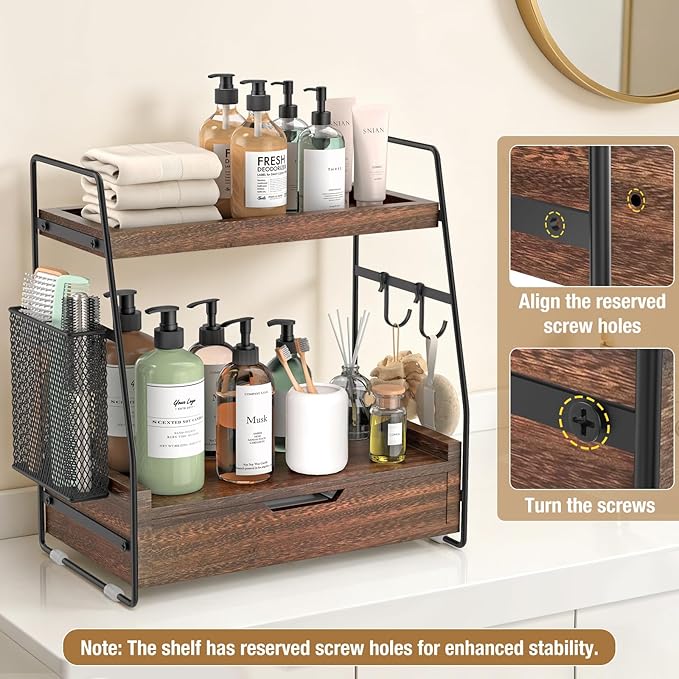 2-Tier Bathroom Counter Organizer with Drawer and Removable Basket, Wood Vanity Countertop Storage for Perfume, Makeup, Skincare, Bathroom Counter Shelf, Moisture-Resistant, Dark Brown