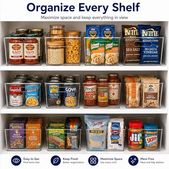Sorbus Clear Storage Bins, 8 Pack Large Organization Bins with Handles – Clear Storage Containers for Storage, Pantry, Fridge, Cabinet, Closet & Kitchen Organization – BPA-Free Plastic