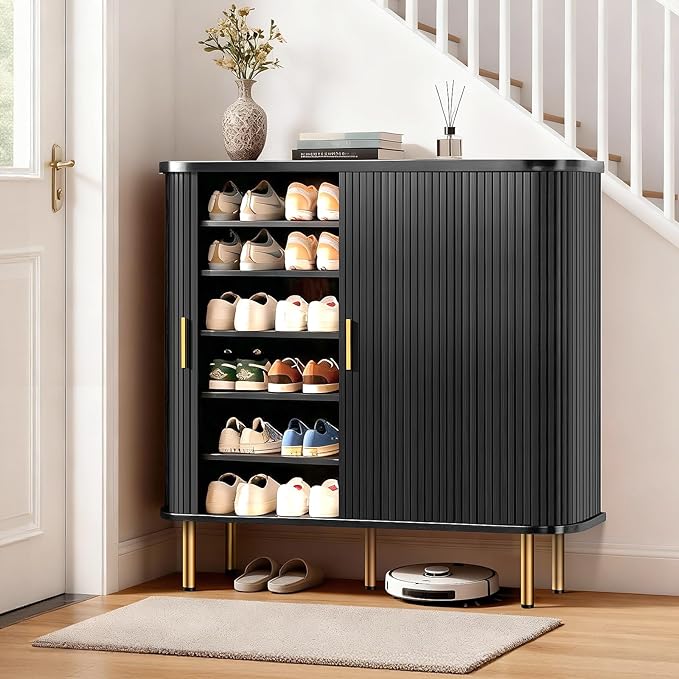 DHH Shoe Storage Cabinet with Sliding Door, 6-Tier Shoe Cabinet with Adjustable Shelves, Mid Century Modern Freestanding Shoe Storage Organizer for Entryway, Hallway, Living Room (Black, 47 ")