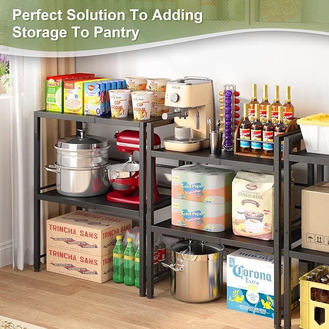 Expandable-Metal-Storage-Shelves-Organizer For Pantry Kitchen Garage, 2-Tier Heavy Duty Shelving Units and Storage For Small Appliance, Adjustable Standing Shelf Riser Rack For Closet Warehouse