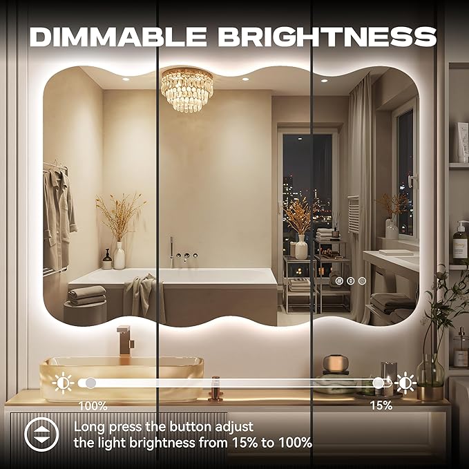 Hasipu Wavy Full Length Mirror with Lights - 60"×36" LED Wavy Floor Mirror, Frameless, Dimmable, Standing or Vertical/Horizontal Wall-Mounted Mirror for Bedroom, Living Room, Cloakroom