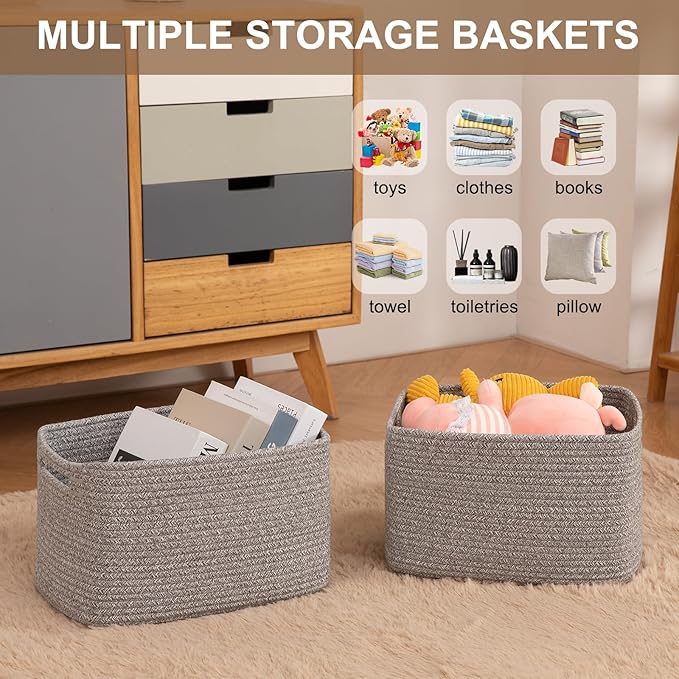 OIASKET Storage Baskets for Organizing, Woven Decorative Baskets for Shelves - Books, Towels, and Clothes, Cotton Rope Toy Storage Bins, 12.7''Lx9''Wx7.8''H, Pack of 4, Grey