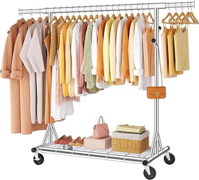 FAVOOSTY Heavy Duty Clothes Rack Load 450 LBS, Rollong Clothing Rack for hanging Clothes with Shelves, Freestanding Garment Rack, Portable Wardrobe Closet Rack for Laundry Room Bedroom, Silver