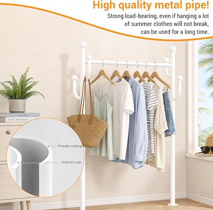 IDEALHOUSE Metal Clothing Rack with Wheels, Rolling Garment Rack with Hanging Rod, Storage Basket Shelf and 4 Hooks, Portable Standing Clothes Rack for Bedroom, Closet, Living Room, Entryway,White