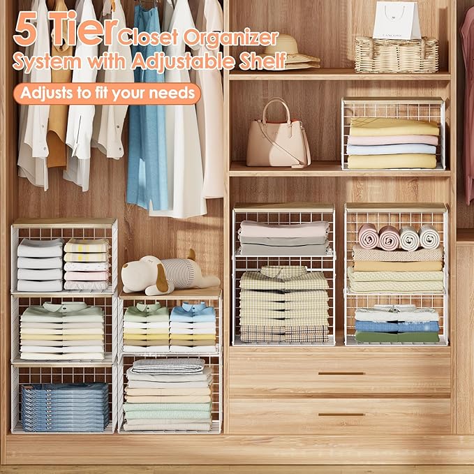 5 Pack Extra-Long Closet Organizers and Storage with Ajustable Shelf, Stackable Closet Shelf Organizer, Double Storage Design Clothes Storage Cube/Bin Organizer for Wardrobe, Space-Saving, White