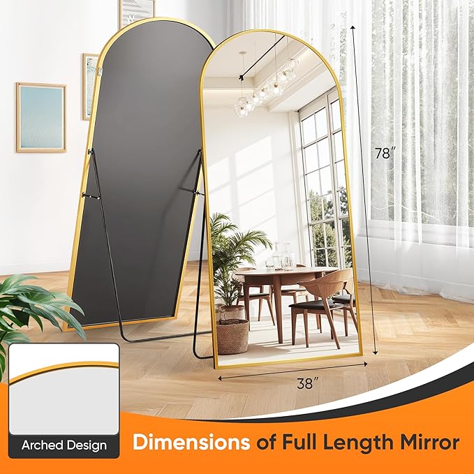 Suidia Full Length Mirror, 78"x38" Floor Standing Mirror Freestanding, Full Body Mirrors with Stand for Bedroom, Hanging Mounted for Living Room Cloakroom, Gold, Arched Style