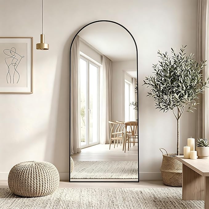 MISSDAY 65"x24" Arched Full Length Mirror, Full Body Mirror with Stand, Floor Mirror Long Free Standing, Leaning or Hanging, Aluminum Thin Frame Wall-Mounted Mirrors Wall Mirrors for Bedroom, Black