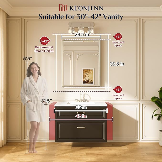 Keonjinn 30" x 36" Gold Bathroom Mirror, Beveled Edge Tempered Glass, Decorative Aluminum Alloy Frame, Rustproof, Modern Farmhouse Style, Rectangle Brushed Gold Vanity Wall Mirrors with Square Corner