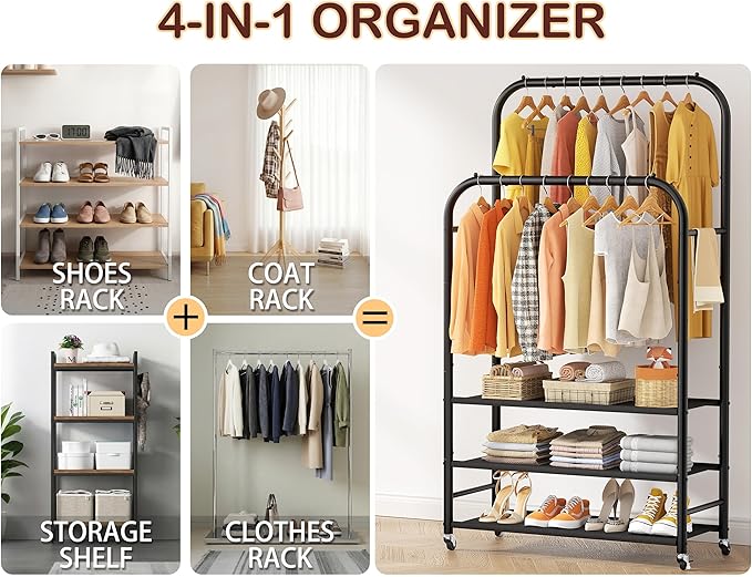 HOMIDEC Double Rods Clothes Rack Clothing Rack with 3 Tier Storage Shelves Clothes Rack for Hanging Clothes Multifunctional Clothes Organizer Bedroom,Wardrobe Closet,Shop,Black