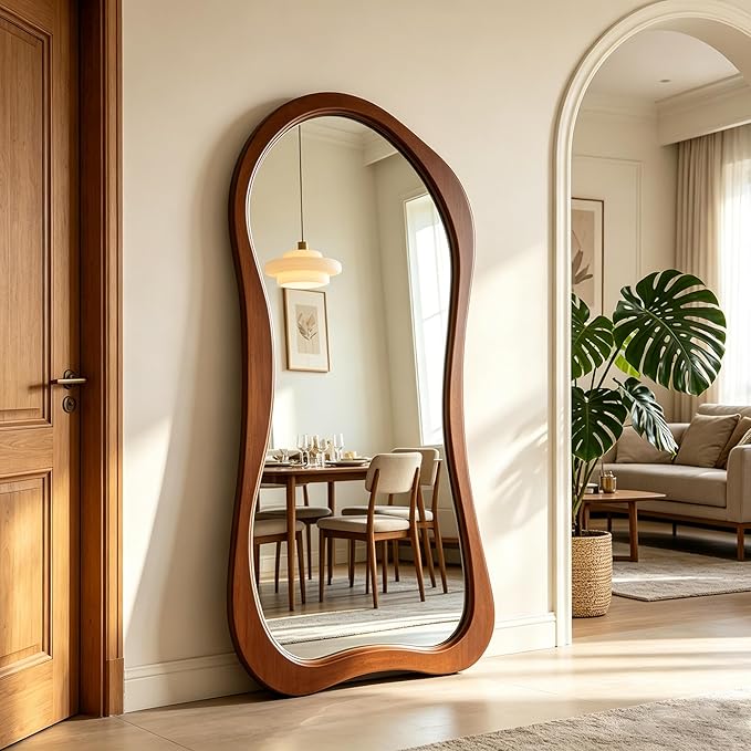 Large Irregular Mirror, 63"x30" Organic Floor Mirror with Solid Wood Frame, Asymmetrical Aesthetic Mirrors for Living Room Entryway Hallway Bedroom Cloakroom, Leaning/Wall-Mounted