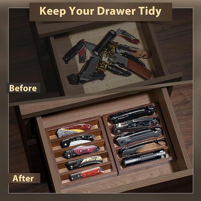 Knife Display Case Knife Holder for Pocket Knife Case Storage, Edc Tray Fits Edc Flashlight (Walnut,4 Pack)