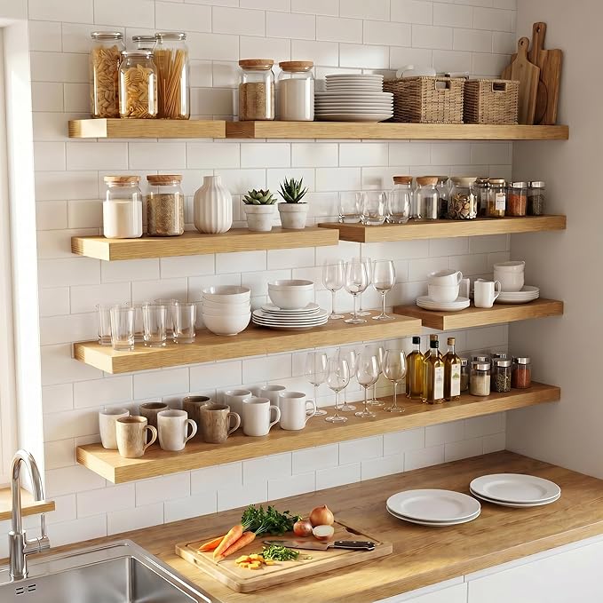 Venusmiles Floating Shelves for Wall, 55 Inch Floating Shelves Set of 1, 6.5" D Wooden Wall Mounted Display Shelves with Invisible Brackets for Living Room, Bedroom, Bathroom, Kitchen Decor, Oak