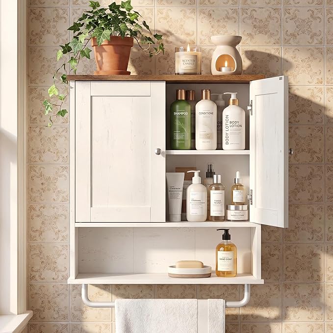VASAGLE Siren Collection - Hanging Bathroom Cabinet with Towel Rod, Farmhouse Wall Storage Cabinet, with Adjustable Shelf, and Doors, 7.9 x 20 x 23.6 Inches, Rustic White and Honey Brown UBBK149WJ01S