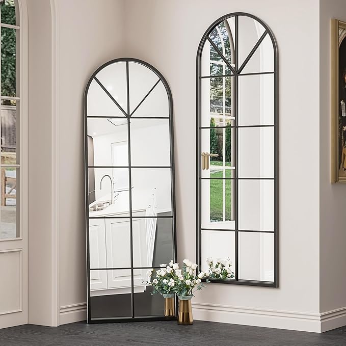 OGCAU Full Length Arched Floor Mirror, 65"x22" Window Pane Design, Decorative Hanging or Leaning, Full Body with Iron Frame for Bedroom Living Room (Black)