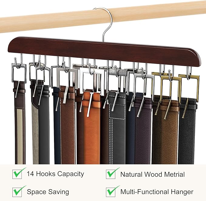 Belt Hanger for Closet Max 42 Belts, Sturdy Wood Belt Rack Closet Accessories with 14 Hooks Belt Organizer for Closet Organizers and Storage -Black 1 Pack