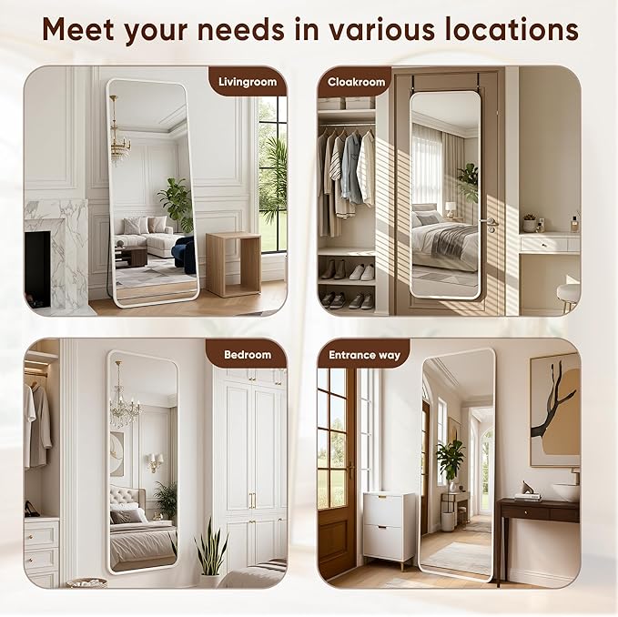 Antok 48''x 14'' Full Length Mirror Over Door, 4-in-1 Standing Leaning Wall Mounted, Adjustable Hanging Mirror for Bedroom Living Room, White, Rounded Corner