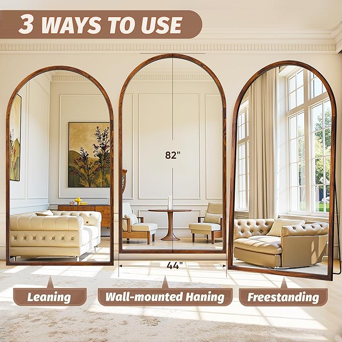 Full Length Mirror 82"×44" Floor Mirror Standing Tall Mirror, Arched Stand up Large Wall Mirrors, Freestanding Full Body Mirrors for Bedroom Living Room Wood Antique Style Walnut