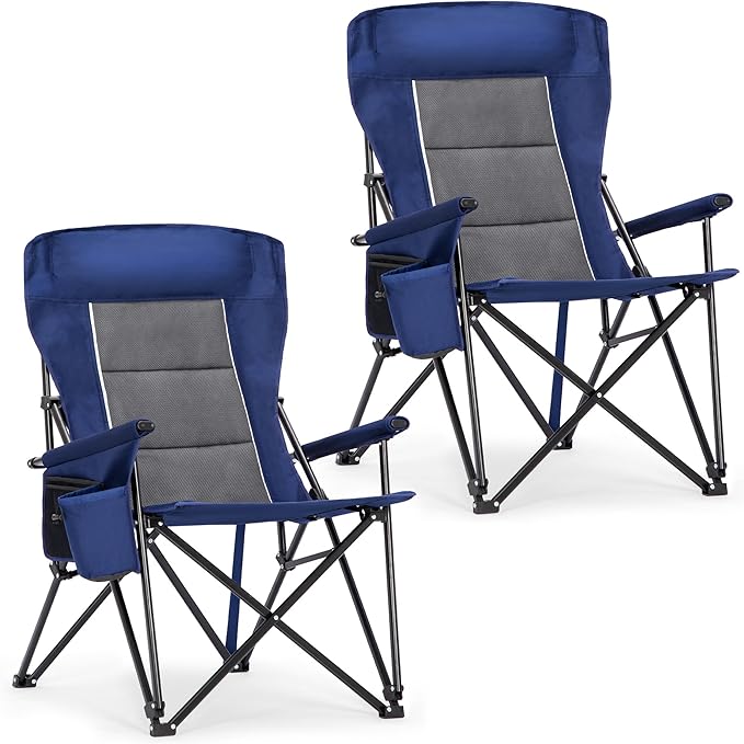 ALPHA CAMP Oversized Folding Camping Chairs High Backrest Heavy Duty Lawn Chairs for Adults Support 500 LBS Portable Camp Chairs with Cup Holders Large Side Pocket Outdoor Chair 2 Pack