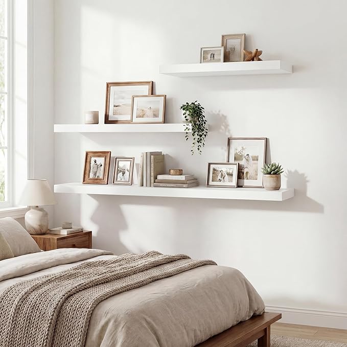 36 Inch Black Floating Shelves for Wall,9.3" Deep Long Floating Shelf Set of 2,Wood Wall Mounted Shelves Farmhouse Home Decor,Wall Storage Shelf for Bathroom Bedroom Living Room Kitchen Office,White