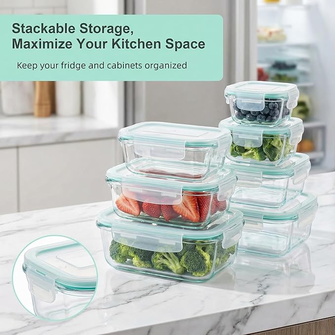 8 Pack Glass Food Storage Containers,Glass Meal Prep Containers with Lids,Airtight Glass Lunch Boxes,Leakproof Food Containers,Stackable Glass Storage Set,Microwave Safe Glass Containers,BPA Free