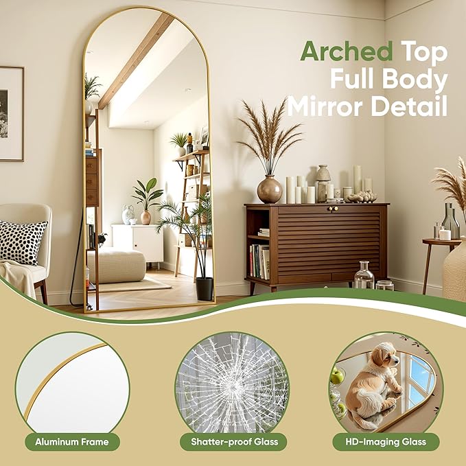 Full Length Mirror, 71"x28" Arched Full Body Mirror, Floor Mirrors with Stand, Body Mirrors Standing Hanging Leaning Against Wall,Aluminum Frame Mirrors for Bedroom Cloakroom,Living Room,Gold