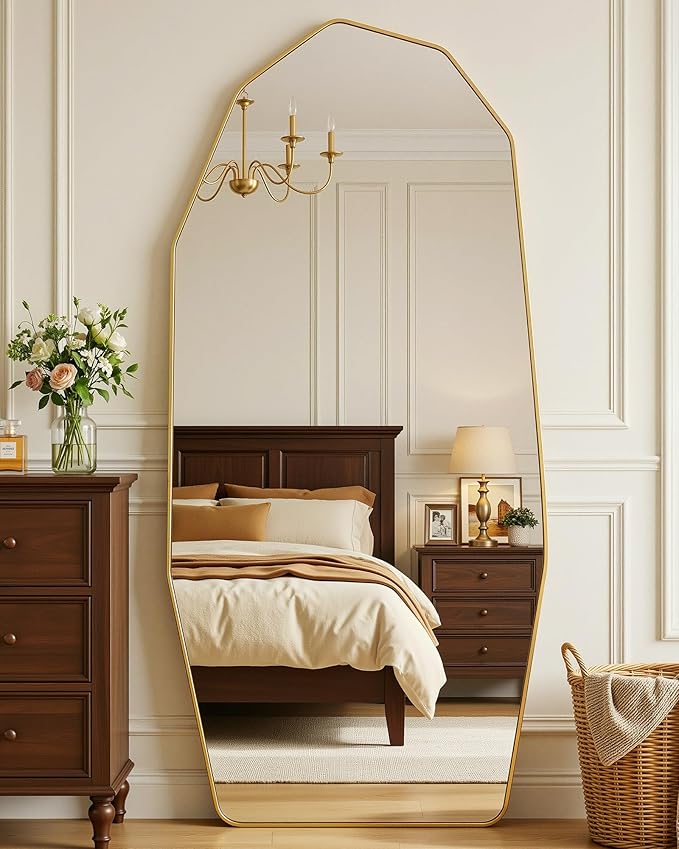 Antok Full Length Mirror, 71"x32" Floor Mirror, Free Standing Wall Mounted or Leaning Full Body Mirror with Aluminum Alloy Frame, Diamond Irregular for Bedroom Entryway Cloakroom, Gold