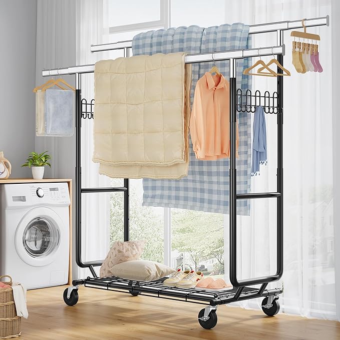 FAVOOSTY Heavy Duty Clothes Rack for Hanging Clothes Double Rods, Rolling & Extending Clothing Rack with Wheels, Garment Coat Rack Freestanding, Portable Clothes Rack, Black