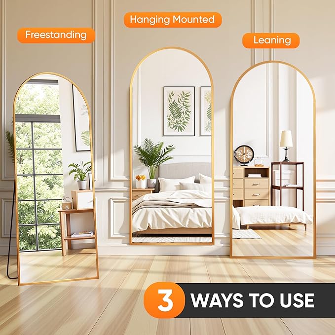 Suidia Full Length Mirror, 58"x18" Floor Standing Mirror Freestanding, Full Body Mirrors with Stand for Bedroom, Hanging Mounted for Living Room Cloakroom, Gold, Arched Style