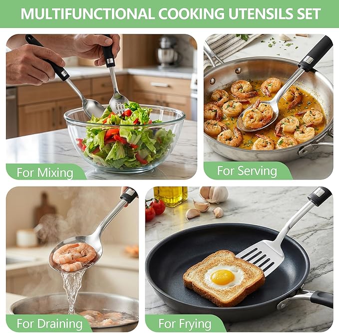 4 Pcs Cooking Utensils Set, 18/0 Stainless Steel Kitchen Utensils, Wok Utensils Set Include Slootted turner, Flat Spatula, Spoon Slotted, Spoon, Easy to Clean
