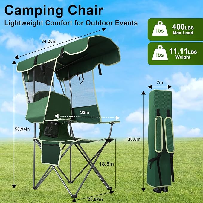 Romswi Folding Canopy Beach Camping Chairs for Adult 2 Pack, Portable Outdoor Chairs with Sunshade,Cup Holder & Side Pocket for Camping, Fishing, Beach, Backyard, Green