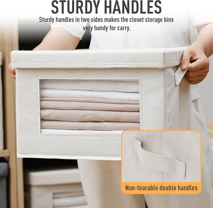 3-Pack Storage Bins with Lids, Fabric Foldable Storage Bins with Soft Cord Handles, Canvas Storage Bin with Lid for Organizing Clothes, Blankets and Books, Beige