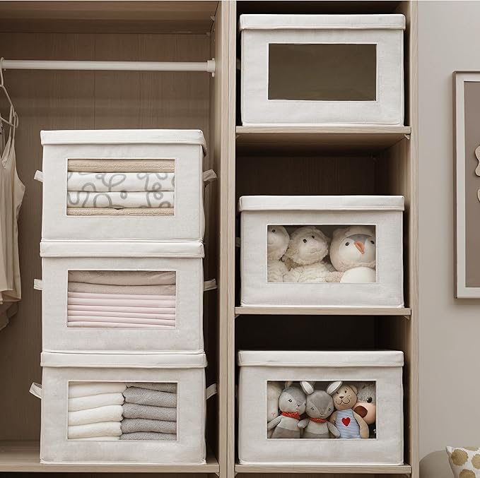 3-Pack Storage Bins with Lids, Fabric Foldable Storage Bins with Soft Cord Handles, Canvas Storage Bin with Lid for Organizing Clothes, Blankets and Books, Beige