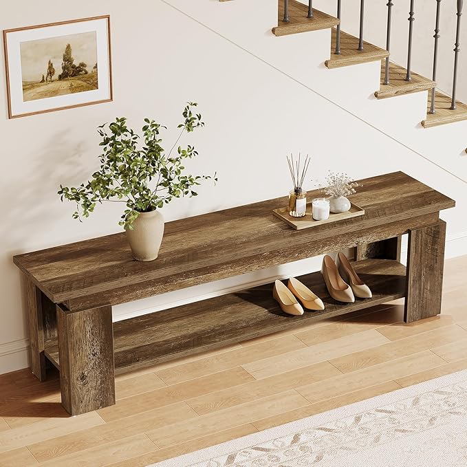 Tribesigns 63" Long Entryway Bench, Rustic Wooden Shoe Bench with Storage Shelf, Farmhouse End of Bed Bench for Hallway, Living Room, Mudroom, Brown