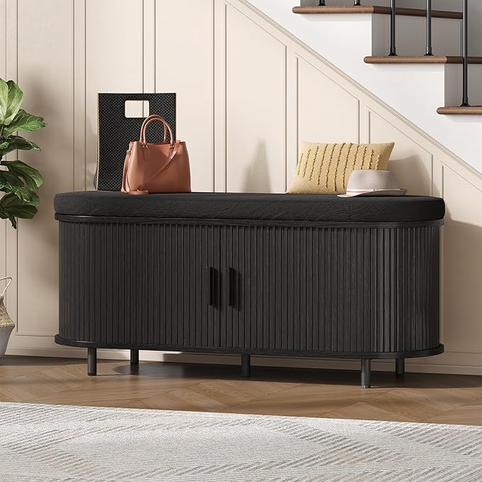 Oval Shoe Storage Bench with Padded Seat Cushion, 2-Tier Fluted Shoe Cabinet with Adjustable Shelves, Mid-Century Bench Compact for Entryway, Hallway, Closet, Front Accent, Foyer, Bedroom, Black