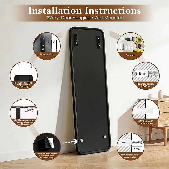 NARCISSUS 47x14 Mirror Door Hanging Full Length,Over Door or Wall Mounted Aluminum Alloy Frame Tempered Glass Rectangle Full Body Mirrors for Bedroom Dressing Living Room Bathroom 47 inch Black