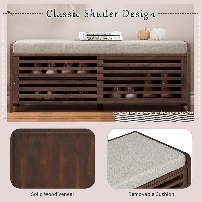 LUMISOL Shoe Bench with Storage and Cushion, Farmhouse Distressed Shutter Storage Bench with Retro Charm for Living Room, Entryway, Espresso