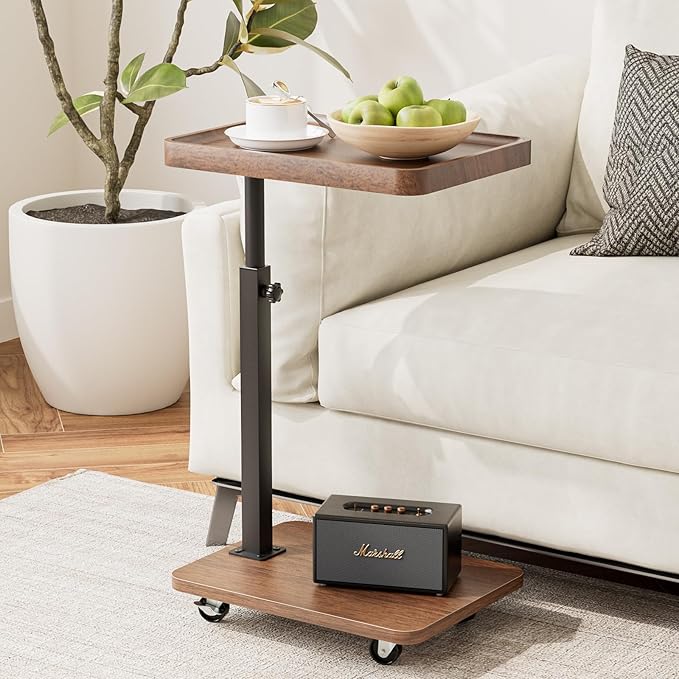TV Tray Table for Eating,Sofa Armrest & 360° Swivel &Height Adjustable End Side Table for Couch,Snack Table for Sofa, Bedroom, Living Room, C Shaped End Table(Brown+Black)