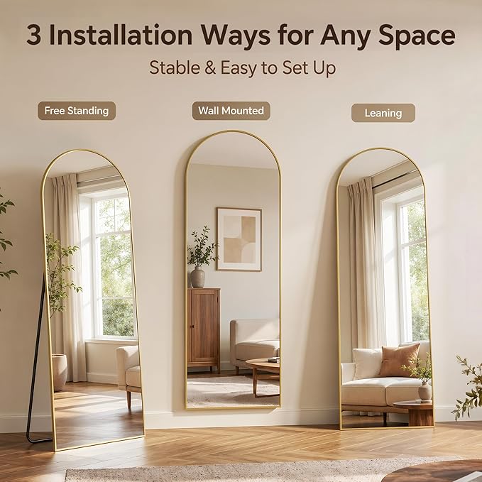 Antok Full Length Mirror, 44"x82" Floor Mirror with Stand, Hanging Mounted Mirrors for Bedroom, Living Room, Cloakroom, Dining Rooms, Gold, Arched
