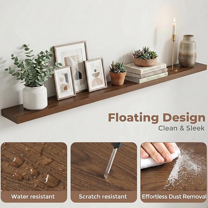 Venusmiles Floating Shelves for Wall, 72 Inch Floating Shelves Set of 2, 6.5" D Wooden Wall Mounted Display Shelves with Invisible Brackets for Living Room, Bedroom, Bathroom, Kitchen Decor, Walnut