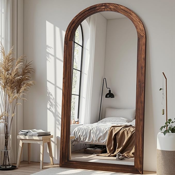 Full Length Mirror, 81"x41" Wooden Mirror Full Length with Stand Wood Floor Mirror, Oversized Stand Up Mirrors Large Wall Mirrors, Wall Mounted Mirrors, Arched Wood Style, Walnut