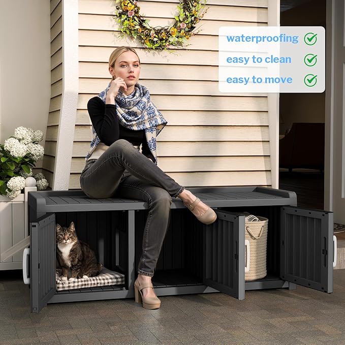 3 Doors Shoe Storage Bench, Waterproof Entryway Bench with Seat for Indoor Outdoor, End of Bed Footrest Stool for Bedroom, Hallway, Black