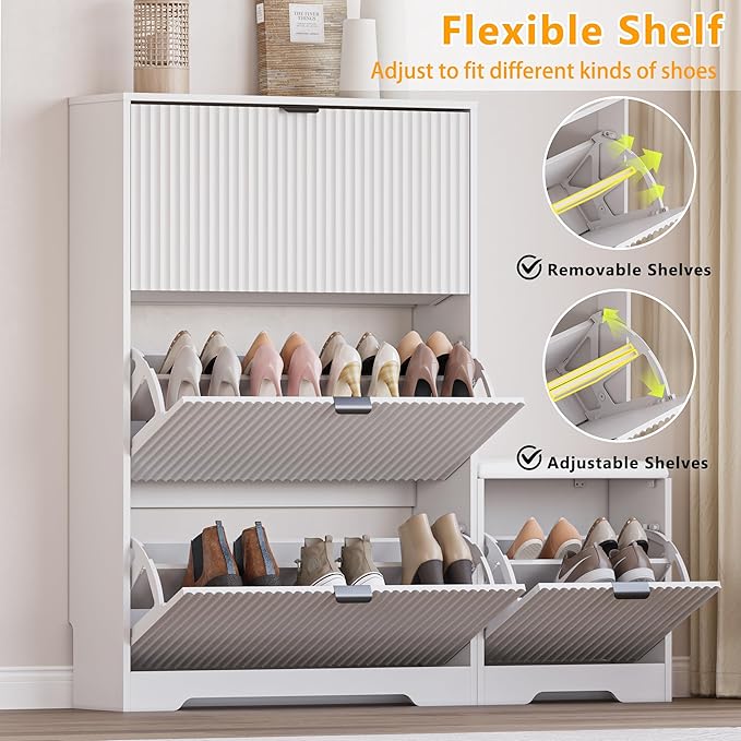 BORNOON Slim Shoe Cabinet with Bench for Entryway, Hidden Storage and Adjustable Shelves, Free Standing Wooden Shoes Organizer for Foyer, Hallway