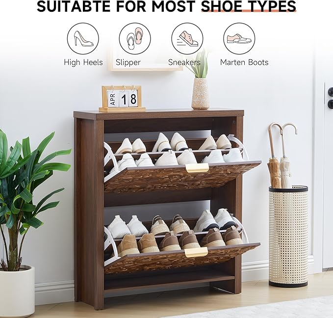 weselon Flip Drawer Shoe Cabinet Set of 2, Narrow Shoe Storage Cabinet, 2-Tier Hidden Shoe Organizer with Carved Floral for Entryway, Slim Shoes Storage for Hallway Foyer (2, Walnut)