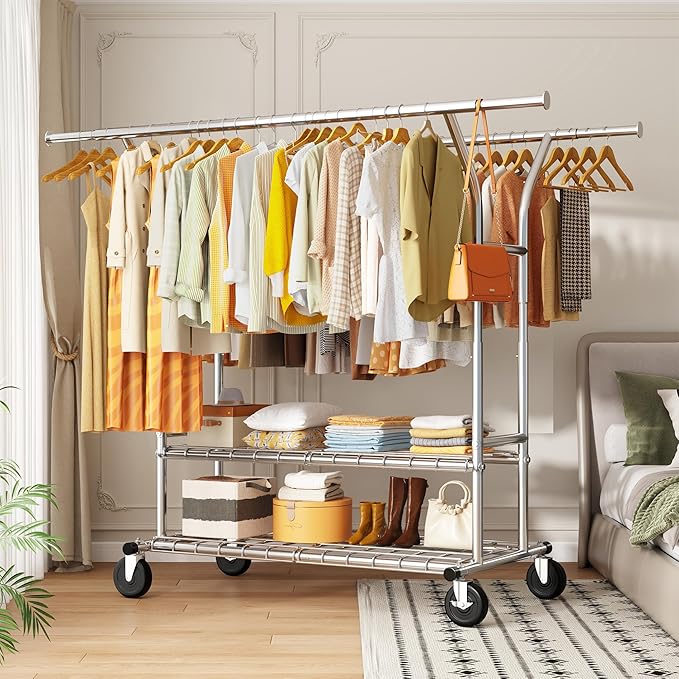 Raybee Clothing Rack Load 630 LBS, Clothes Racks for Hanging Clothes, Rolling Heavy Duty Clothing Rack, Metal Garment Rack for Clothes Storage Bedroom Closet Laundry Room