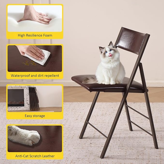 Folding Chairs with Cushion 2 Pack - Heavy Duty Steel Frame Foldable Dining Chairs, Waterproof Leather Indoor Outdoor Comfortable Folding Chairs for Home, Conference Rooms, Weddings, Events (Brown)