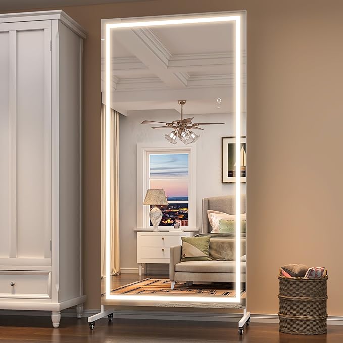 Hasipu 75" x 32" Full Length Mirror on Wheels with LED Light — Dimmable Warm/Natural/Cool, Shatterproof Tempered Glass, Wall Mountable, Rolling Dressing Mirror for Home Gym, Makeup, Yoga, Studio